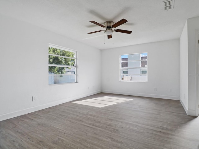 empty room featuring a wealth of natural light, wood-type flooring, and ceiling fan