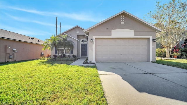 ranch-style home with a garage and a front lawn