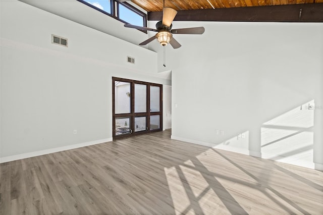 interior space with a high ceiling, ceiling fan, light wood-type flooring, beamed ceiling, and wood ceiling