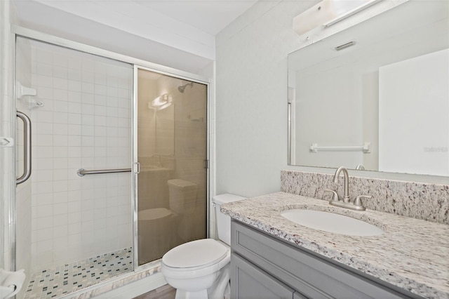 bathroom with vanity, an enclosed shower, and toilet