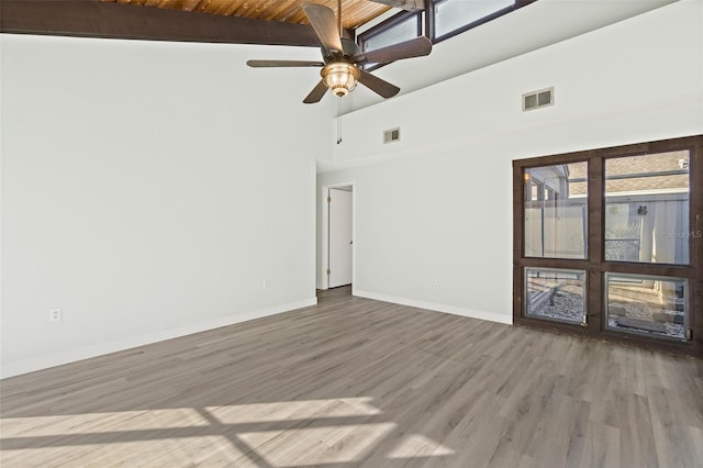 unfurnished room with hardwood / wood-style floors, high vaulted ceiling, ceiling fan, beamed ceiling, and wood ceiling