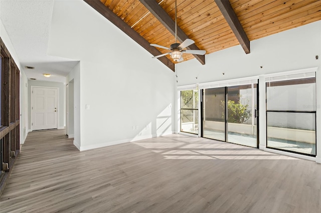 unfurnished living room with beamed ceiling, light wood-type flooring, high vaulted ceiling, and wooden ceiling