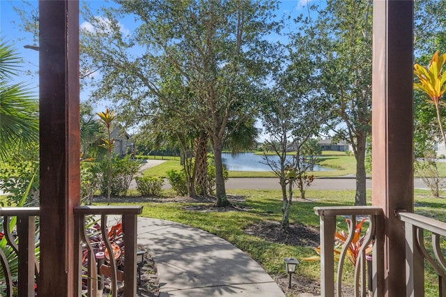 view of patio / terrace featuring a water view