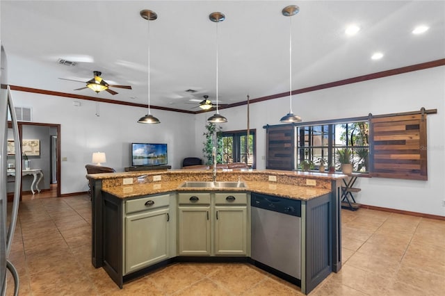 1562 Anorada Blvd, Kissimmee, FL 34744 - kitchen with stainless steel dishwasher, a ceiling fan, open floor plan, hanging light fixtures, and light tile patterned flooring
