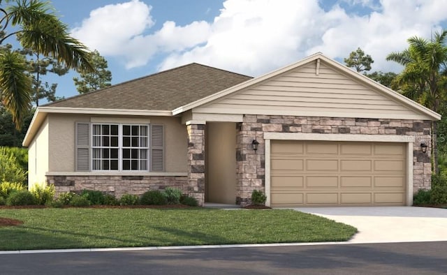 view of front of property featuring a front lawn and a garage