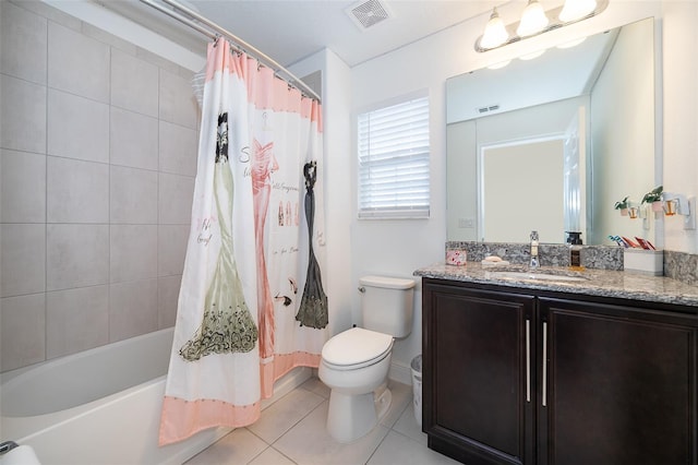 full bathroom featuring tile patterned flooring, vanity, shower / bath combination with curtain, and toilet