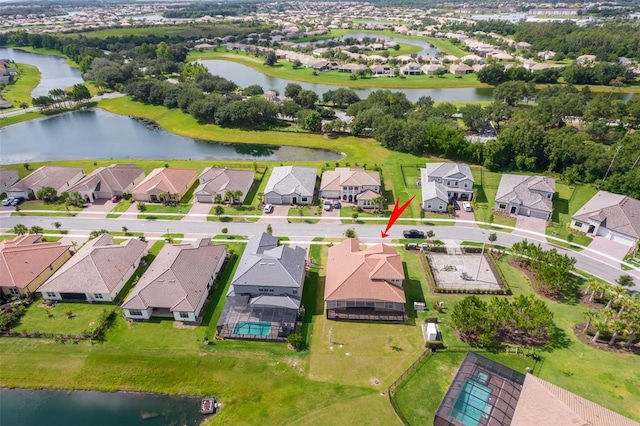 aerial view featuring a water view