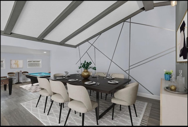 dining room with lofted ceiling with beams, wood-type flooring, and billiards