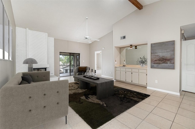 tiled living room featuring high vaulted ceiling, ceiling fan, and beam ceiling