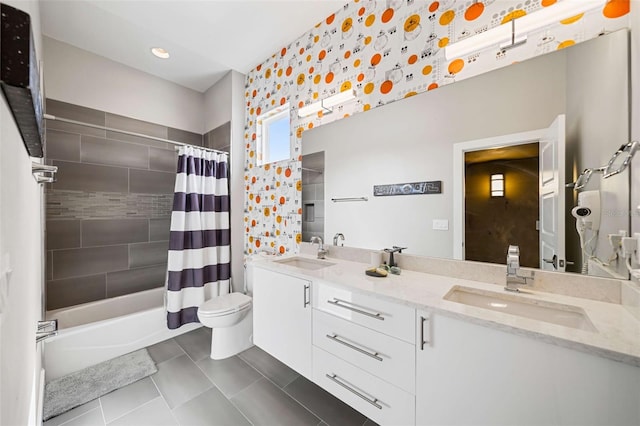 full bathroom featuring tile patterned floors, vanity, shower / bath combination with curtain, and toilet