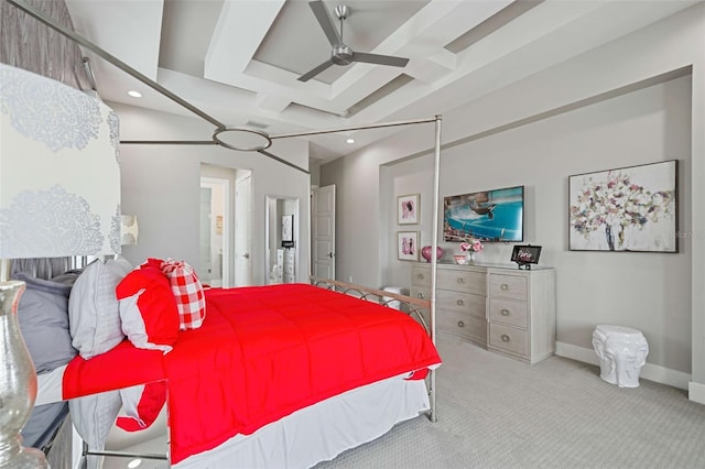 carpeted bedroom featuring beamed ceiling and ceiling fan