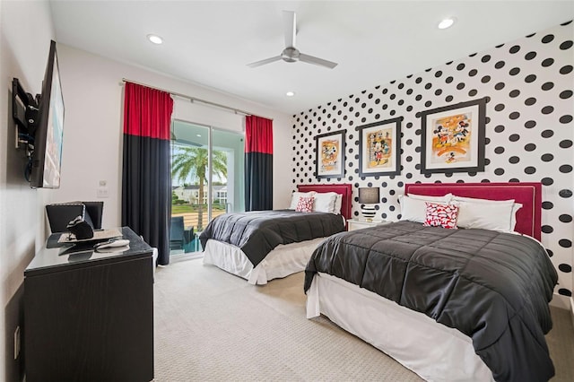 bedroom featuring ceiling fan, carpet floors, and access to outside