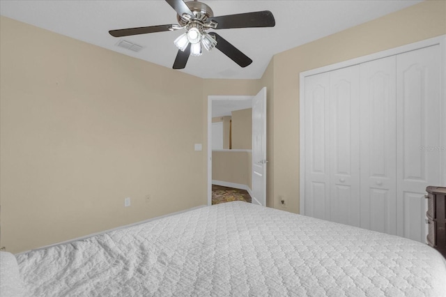 bedroom featuring carpet, ceiling fan, and a closet