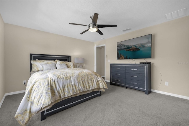 bedroom with light carpet and ceiling fan