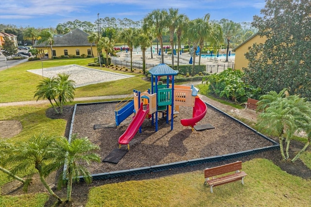 view of play area with a yard