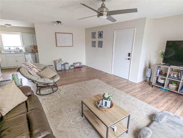 living room with a textured ceiling, light hardwood / wood-style flooring, ceiling fan, and sink