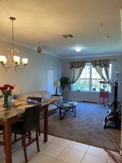 dining space featuring carpet floors and ornamental molding