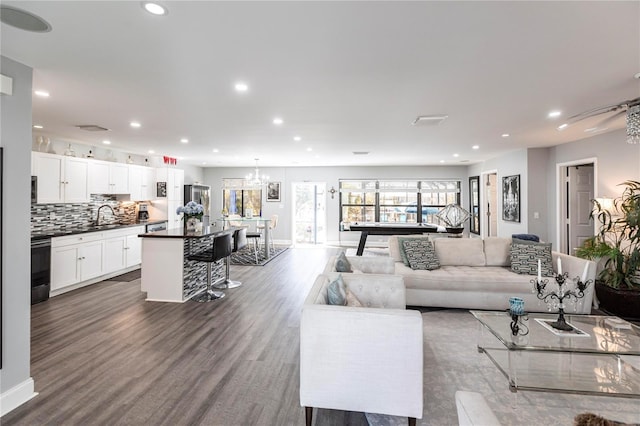 living room featuring sink and dark wood-type flooring