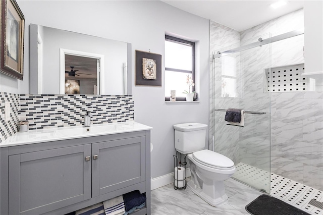 bathroom with vanity, backsplash, toilet, and walk in shower