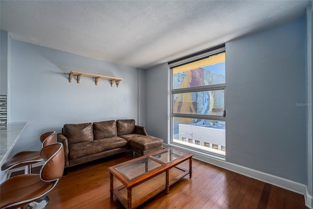 living room with hardwood / wood-style floors and a textured ceiling