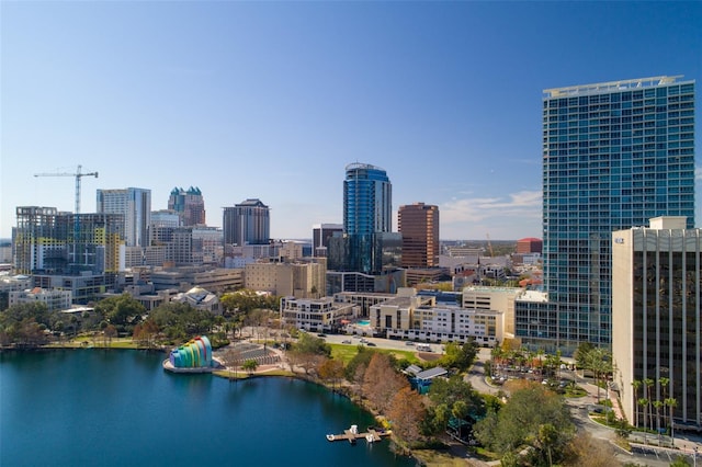 property's view of city featuring a water view