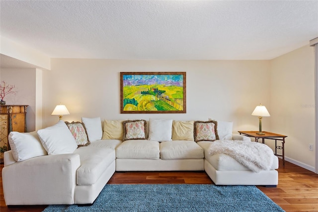 living room with hardwood / wood-style flooring and a textured ceiling