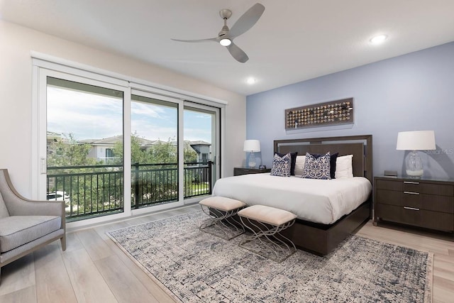 bedroom with access to exterior, ceiling fan, and light hardwood / wood-style flooring