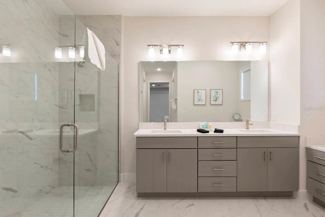 bathroom featuring walk in shower and vanity