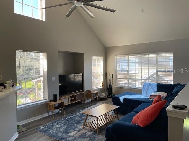 living room with hardwood / wood-style floors, high vaulted ceiling, and a healthy amount of sunlight