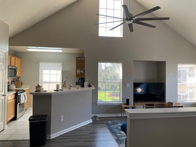 interior space featuring a healthy amount of sunlight, high vaulted ceiling, stainless steel appliances, and light hardwood / wood-style floors