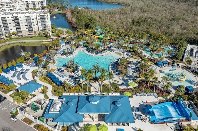 drone / aerial view with a water view