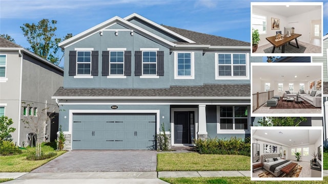 view of front of property with a shingled roof, decorative driveway, an attached garage, and stucco siding