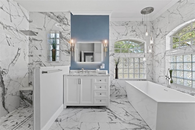 bathroom with vanity, plus walk in shower, tile walls, and ornamental molding