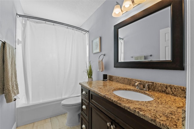 full bathroom with vanity, tile patterned flooring, toilet, a textured ceiling, and shower / tub combo