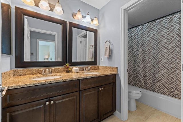 full bathroom featuring tile patterned floors, vanity, toilet, and shower / bathtub combination with curtain