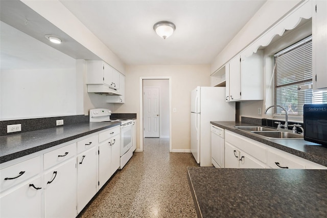 kitchen with white cabinetry, white appliances, and sink