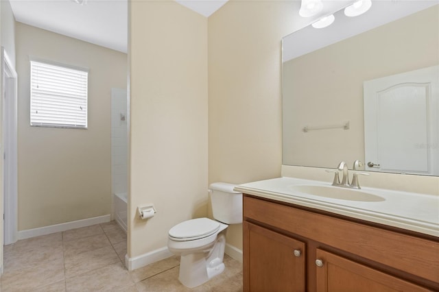 full bathroom featuring vanity, tile patterned flooring, bathing tub / shower combination, and toilet