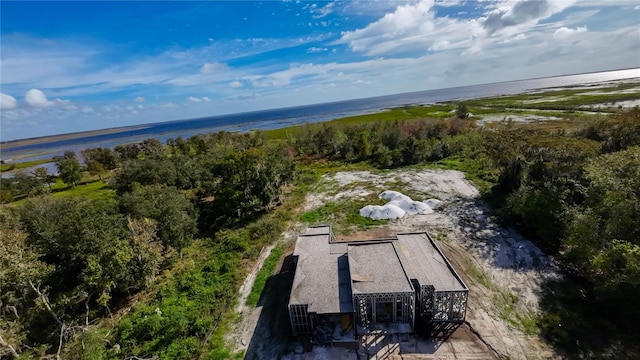 drone / aerial view with a water view