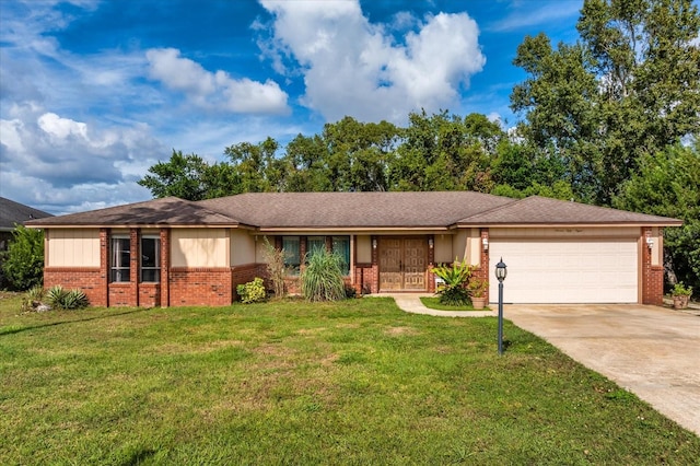 ranch-style home with a front yard and a garage