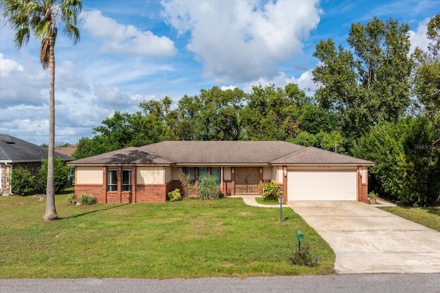 single story home featuring a front lawn and a garage