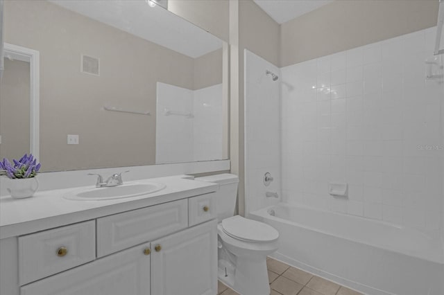 bathroom with shower / bath combination, visible vents, toilet, vanity, and tile patterned flooring