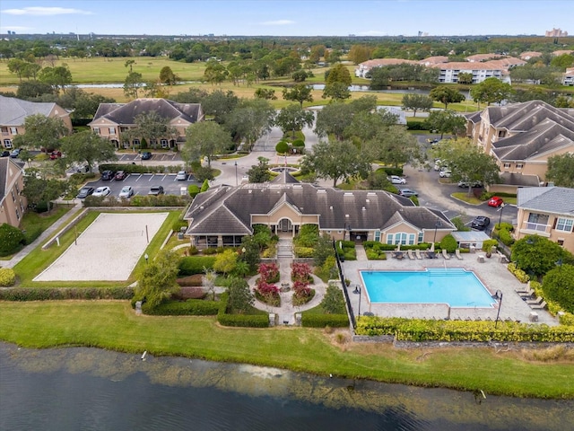 aerial view featuring a water view and a residential view