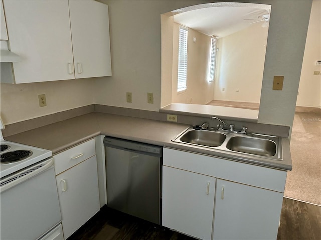 kitchen with white cabinets, electric range, stainless steel dishwasher, and sink