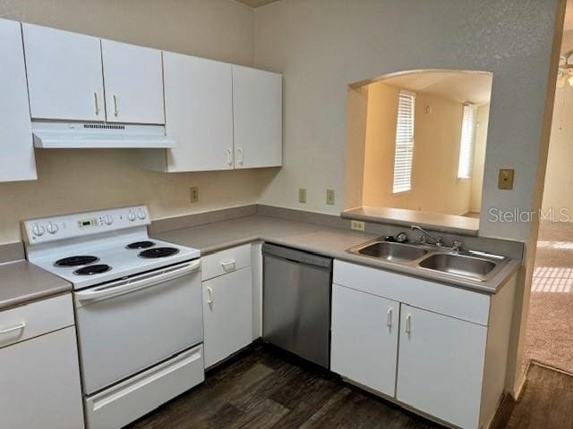 kitchen featuring dishwasher, sink, white electric stove, dark hardwood / wood-style flooring, and white cabinetry