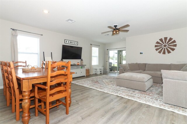 living room with ceiling fan and hardwood / wood-style flooring