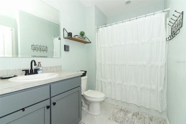 full bathroom with tile patterned flooring, vanity, toilet, and shower / bathtub combination with curtain