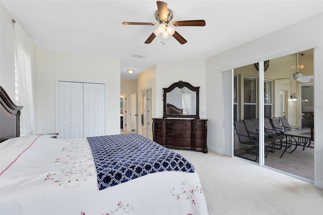 carpeted bedroom with access to outside and ceiling fan