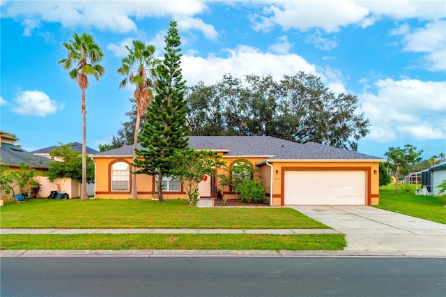 single story home with a front yard and a garage