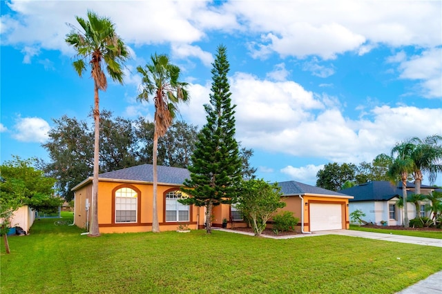 single story home featuring a garage and a front lawn