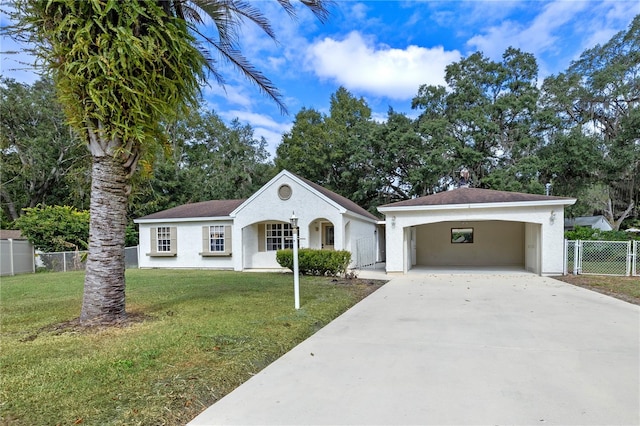 single story home featuring a front lawn and a carport